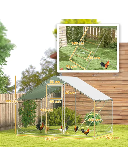 PawHut Walk-in Chicken Run w/ Cover, Feeding Door, Hanging Feeder, Perch, for 6-8 Poultry
