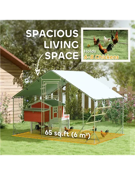 PawHut Walk-in Chicken Run w/ Cover, Feeding Door, Hanging Feeder, Perch, for 6-8 Poultry