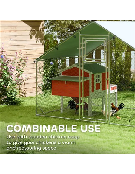 PawHut Walk-in Chicken Run w/ Cover, Feeding Door, Hanging Feeder, Perch, for 6-8 Poultry