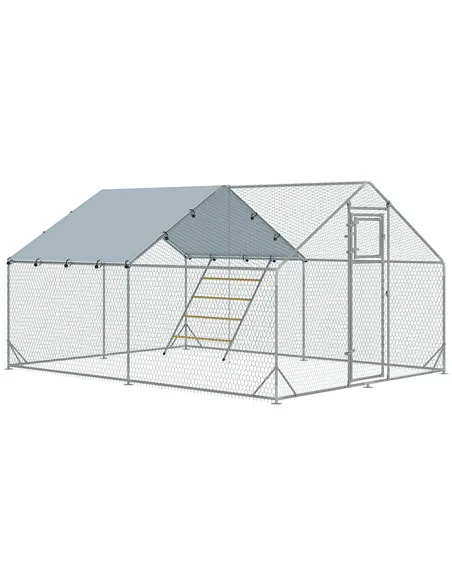 PawHut Walk-in Chicken Run w/ Cover, Feeding Door, Hanging Feeder, Perch, for 12-18 Poultry