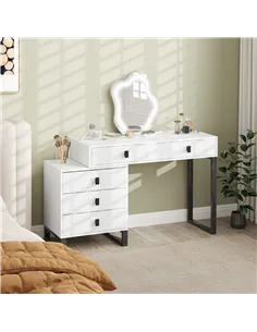 HOMCOM LED Lighted Dressing Table with Leaf Shape Mirror, Modern Vanity Desk with 5 Drawers, Makeup Desk with Fluted Panels, Whi 2