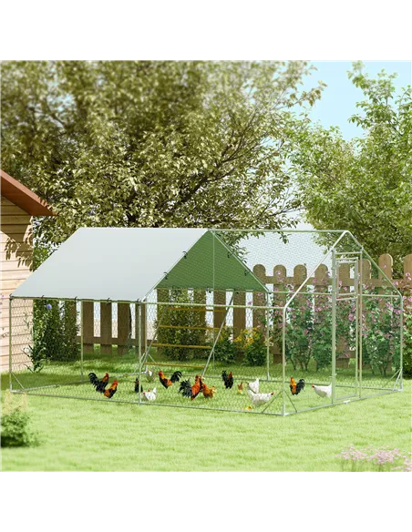 PawHut Walk-in Chicken Run w/ Cover, Feeding Door, Hanging Feeder, Perch, for 12-18 Poultry