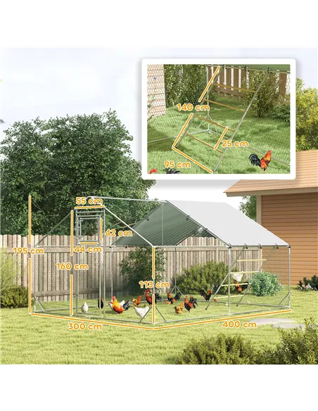PawHut Walk-in Chicken Run w/ Cover, Feeding Door, Hanging Feeder, Perch, for 12-18 Poultry