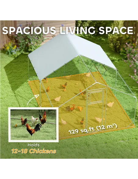 PawHut Walk-in Chicken Run w/ Cover, Feeding Door, Hanging Feeder, Perch, for 12-18 Poultry