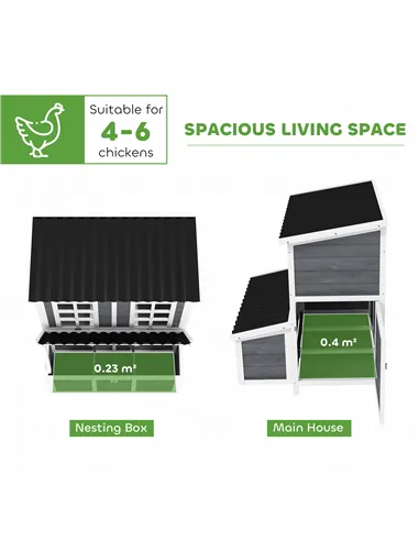 PawHut Wooden Chicken Coop with Nesting Box, Slide-Out Tray, Perches, for 4-6 Chickens, 100 x 86 x 100cm