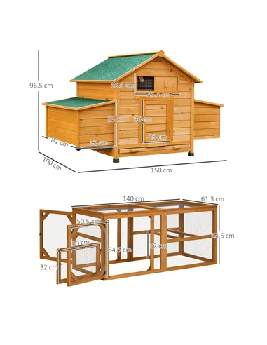 PawHut 2 Piece Wooden Chicken Coop and Run Set, Poultry Run Cage with Nesting Box, Slide-Out Tray, for 4-8 Chickens, Yellow