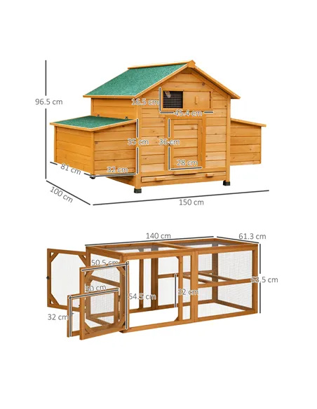 PawHut 2 Piece Wooden Chicken Coop and Run Set, Poultry Run Cage with Nesting Box, Slide-Out Tray, for 4-8 Chickens, Yellow