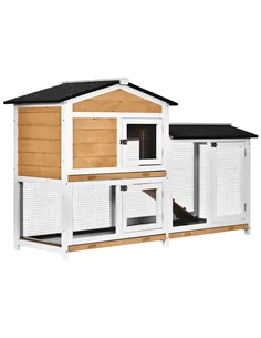 PawHut Rabbit Hutch Guinea Pig Hutch Wooden House with Run, 2 Tier Pet Cage Outdoor with No-leak Plastic Trays, 157.4 x 53 x 93.
