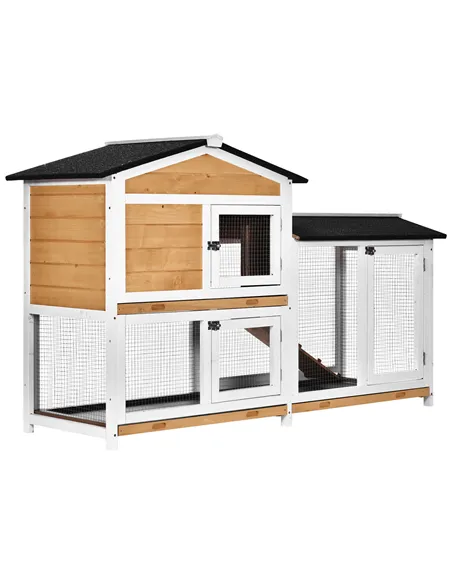 PawHut Rabbit Hutch Guinea Pig Hutch Wooden House with Run, 2 Tier Pet Cage Outdoor with No-leak Plastic Trays, 157.4 x 53 x 93.