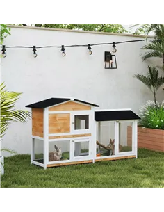 PawHut Rabbit Hutch Guinea Pig Hutch Wooden House with Run, 2 Tier Pet Cage Outdoor with No-leak Plastic Trays, 157.4 x 53 x 93. 2