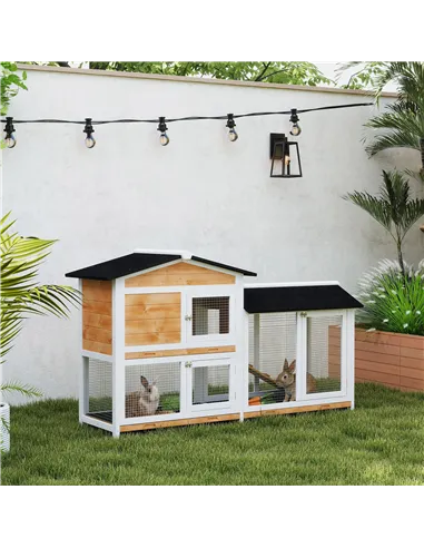 PawHut Rabbit Hutch Guinea Pig Hutch Wooden House with Run, 2 Tier Pet Cage Outdoor with No-leak Plastic Trays, 157.4 x 53 x 93.