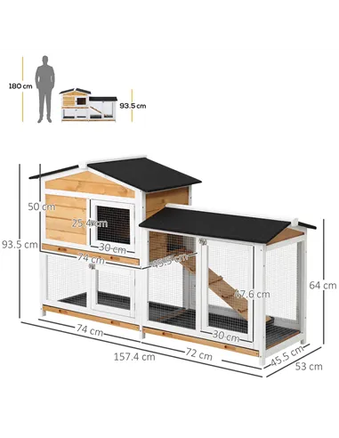 PawHut Rabbit Hutch Guinea Pig Hutch Wooden House with Run, 2 Tier Pet Cage Outdoor with No-leak Plastic Trays, 157.4 x 53 x 93.