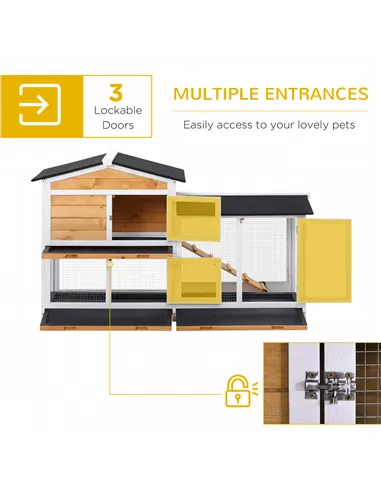 PawHut Rabbit Hutch Guinea Pig Hutch Wooden House with Run, 2 Tier Pet Cage Outdoor with No-leak Plastic Trays, 157.4 x 53 x 93.