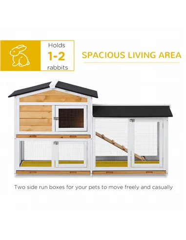 PawHut Rabbit Hutch Guinea Pig Hutch Wooden House with Run, 2 Tier Pet Cage Outdoor with No-leak Plastic Trays, 157.4 x 53 x 93.