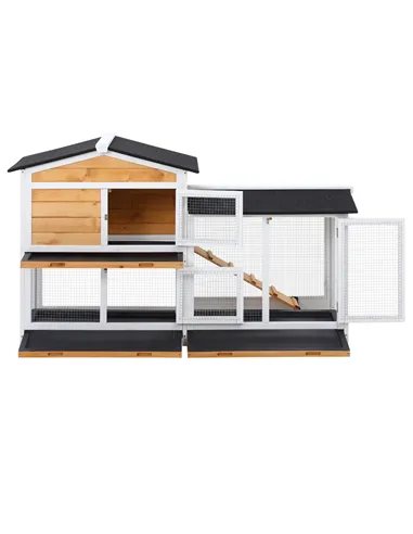 PawHut Rabbit Hutch Guinea Pig Hutch Wooden House with Run, 2 Tier Pet Cage Outdoor with No-leak Plastic Trays, 157.4 x 53 x 93.