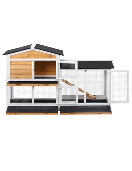 PawHut Rabbit Hutch Guinea Pig Hutch Wooden House with Run, 2 Tier Pet Cage Outdoor with No-leak Plastic Trays, 157.4 x 53 x 93.