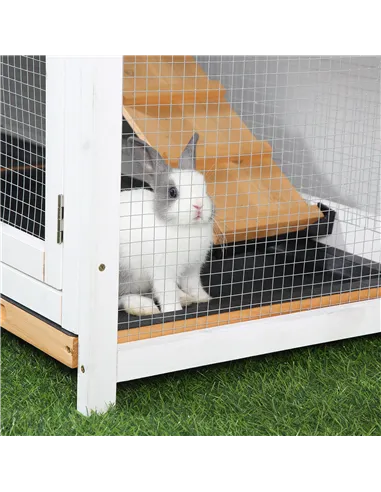 PawHut Rabbit Hutch Guinea Pig Hutch Wooden House with Run, 2 Tier Pet Cage Outdoor with No-leak Plastic Trays, 157.4 x 53 x 93.