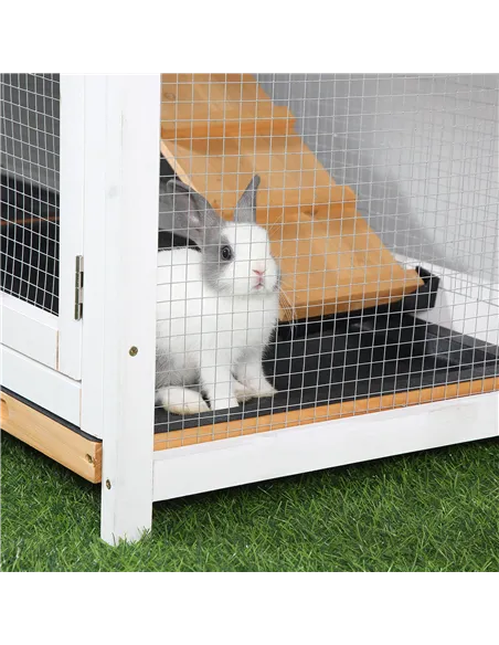 PawHut Rabbit Hutch Guinea Pig Hutch Wooden House with Run, 2 Tier Pet Cage Outdoor with No-leak Plastic Trays, 157.4 x 53 x 93.