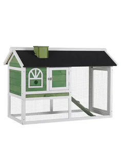 PawHut Wooden Rabbit Hutch and Run with Sliding Tray, Ramp, Water-resistant Roof, for 2-4 Rabbits, Green