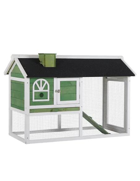 PawHut Wooden Rabbit Hutch and Run with Sliding Tray, Ramp, Water-resistant Roof, for 2-4 Rabbits, Green