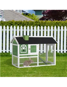 PawHut Wooden Rabbit Hutch and Run with Sliding Tray, Ramp, Water-resistant Roof, for 2-4 Rabbits, Green 2