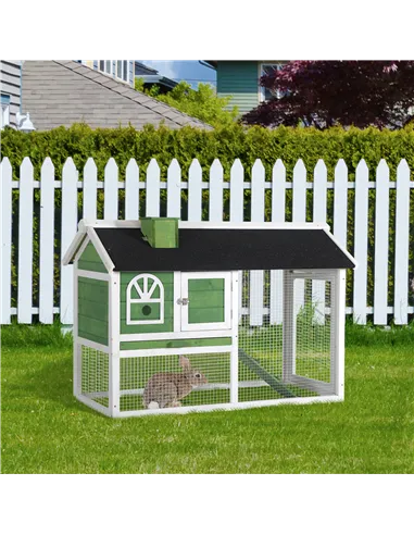 PawHut Wooden Rabbit Hutch and Run with Sliding Tray, Ramp, Water-resistant Roof, for 2-4 Rabbits, Green