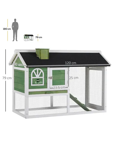PawHut Wooden Rabbit Hutch and Run with Sliding Tray, Ramp, Water-resistant Roof, for 2-4 Rabbits, Green