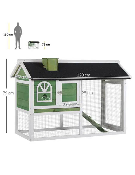 PawHut Wooden Rabbit Hutch and Run with Sliding Tray, Ramp, Water-resistant Roof, for 2-4 Rabbits, Green