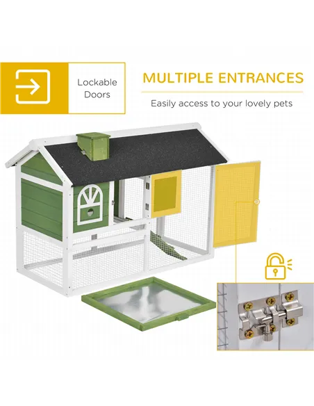 PawHut Wooden Rabbit Hutch and Run with Sliding Tray, Ramp, Water-resistant Roof, for 2-4 Rabbits, Green