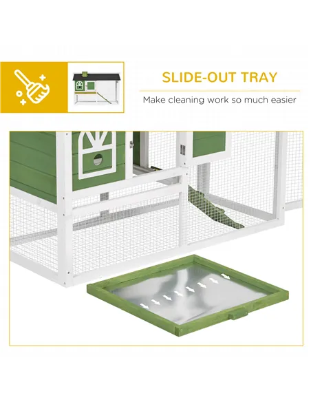 PawHut Wooden Rabbit Hutch and Run with Sliding Tray, Ramp, Water-resistant Roof, for 2-4 Rabbits, Green
