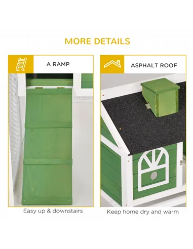 PawHut Wooden Rabbit Hutch and Run with Sliding Tray, Ramp, Water-resistant Roof, for 2-4 Rabbits, Green