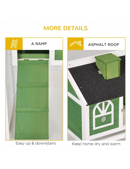 PawHut Wooden Rabbit Hutch and Run with Sliding Tray, Ramp, Water-resistant Roof, for 2-4 Rabbits, Green