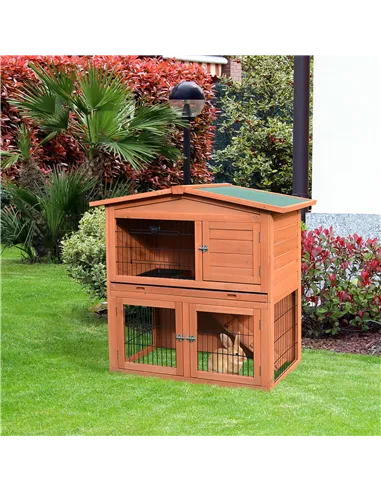 PawHut Rabbit Hutch Outdoor Guinea Pig Hutch 2-Tier Bunny Cage with No-Leak Tray 100.5 x 55 x 101 cm