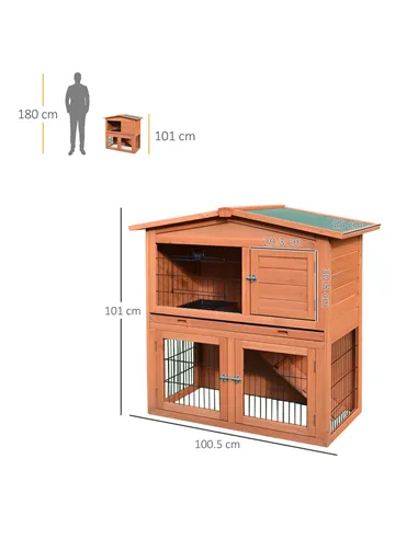 PawHut Rabbit Hutch Outdoor Guinea Pig Hutch 2-Tier Bunny Cage with No-Leak Tray 100.5 x 55 x 101 cm