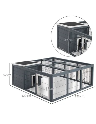 PawHut Rabbit Hutch Outdoor, Guinea Pig House, Bunny Run Cage with Openable Top for 1-2 Rabbits, 123 x 120 x 52cm, Grey