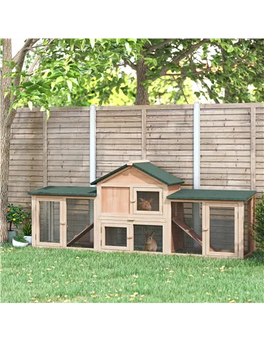 PawHut Large Rabbit Hutch Outdoor Wooden Guinea Pig Hutch with Run, 2 Storey Bunny House 210 x 45.5 x 84.5 cm