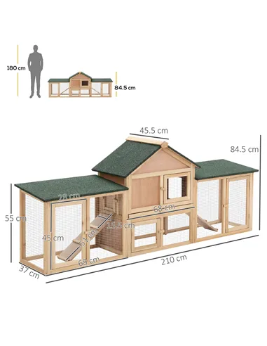 PawHut Large Rabbit Hutch Outdoor Wooden Guinea Pig Hutch with Run, 2 Storey Bunny House 210 x 45.5 x 84.5 cm