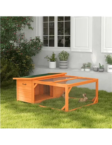 PawHut Rabbit Hutch Outdoor Guinea Pig Hutch with Run Small Animal Off-ground Duck House Hideaway Backyard with Openable Roof 12