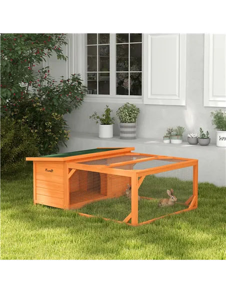 PawHut Rabbit Hutch Outdoor Guinea Pig Hutch with Run Small Animal Off-ground Duck House Hideaway Backyard with Openable Roof 12