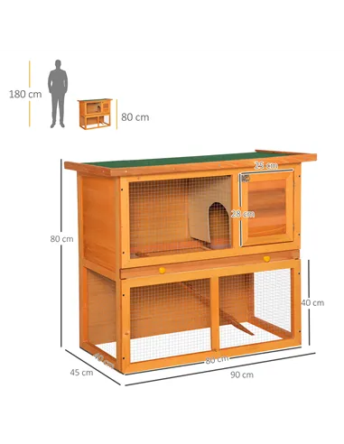 PawHut Rabbit Hutch Outdoor Guinea Pig Hutch Wooden Pet Cage Run 2-Tier with Opening Top, 90 x 45 x 80cm