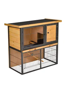 PawHut Guinea Pig Hutch Rabbit Hutch Wood-metal Elevated Pet House Bunny Cage with No-Leak Tray Ramp Openable Roof Outdoor 89.5 