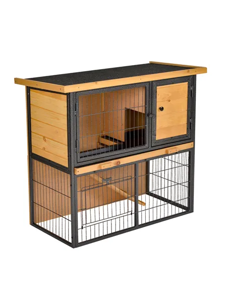 PawHut Guinea Pig Hutch Rabbit Hutch Wood-metal Elevated Pet House Bunny Cage with No-Leak Tray Ramp Openable Roof Outdoor 89.5 