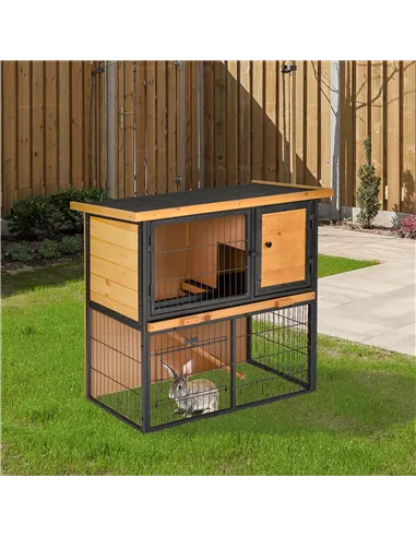 PawHut Guinea Pig Hutch Rabbit Hutch Wood-metal Elevated Pet House Bunny Cage with No-Leak Tray Ramp Openable Roof Outdoor 89.5 