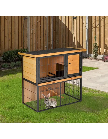 PawHut Guinea Pig Hutch Rabbit Hutch Wood-metal Elevated Pet House Bunny Cage with No-Leak Tray Ramp Openable Roof Outdoor 89.5 