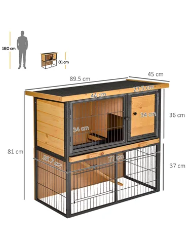 PawHut Guinea Pig Hutch Rabbit Hutch Wood-metal Elevated Pet House Bunny Cage with No-Leak Tray Ramp Openable Roof Outdoor 89.5 