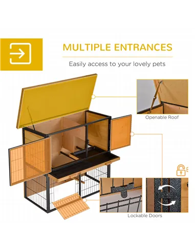 PawHut Guinea Pig Hutch Rabbit Hutch Wood-metal Elevated Pet House Bunny Cage with No-Leak Tray Ramp Openable Roof Outdoor 89.5 