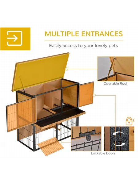 PawHut Guinea Pig Hutch Rabbit Hutch Wood-metal Elevated Pet House Bunny Cage with No-Leak Tray Ramp Openable Roof Outdoor 89.5 