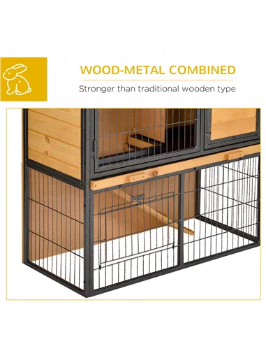 PawHut Guinea Pig Hutch Rabbit Hutch Wood-metal Elevated Pet House Bunny Cage with No-Leak Tray Ramp Openable Roof Outdoor 89.5 