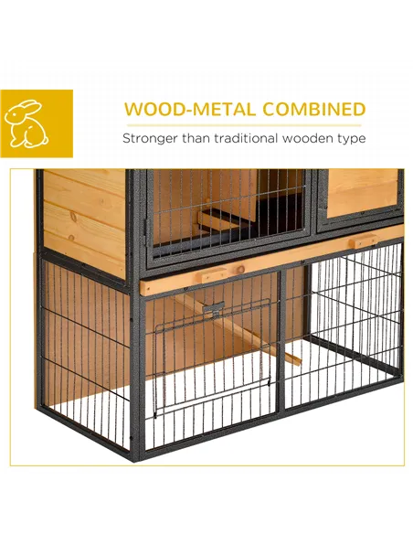 PawHut Guinea Pig Hutch Rabbit Hutch Wood-metal Elevated Pet House Bunny Cage with No-Leak Tray Ramp Openable Roof Outdoor 89.5 