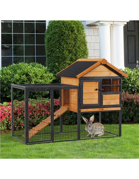 PawHut Rabbit Hutch Guinea Pig Hutch Wood-metal Elevated Guinea Pig House Pet Bunny Cage for Outdoor 122 x 63 x 92cm Light Yello